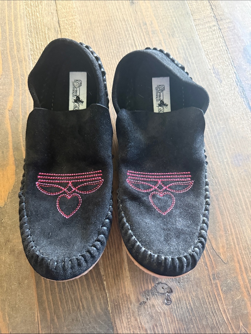 Bronco Donkey Black Leather Moccasins with Pink Boot Heart Stitching